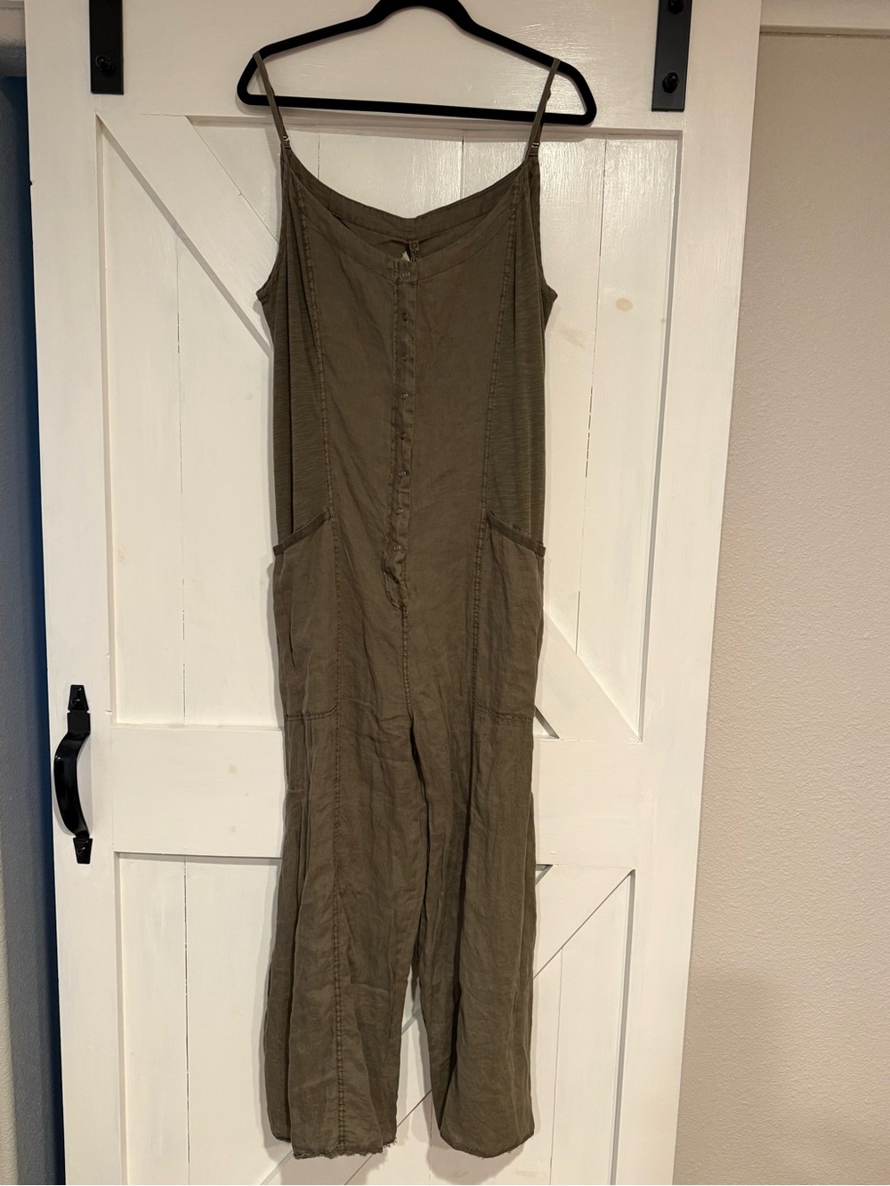 XCVI Olive Linen-Blend Spaghetti-Strap Jumpsuit with Front Buttons